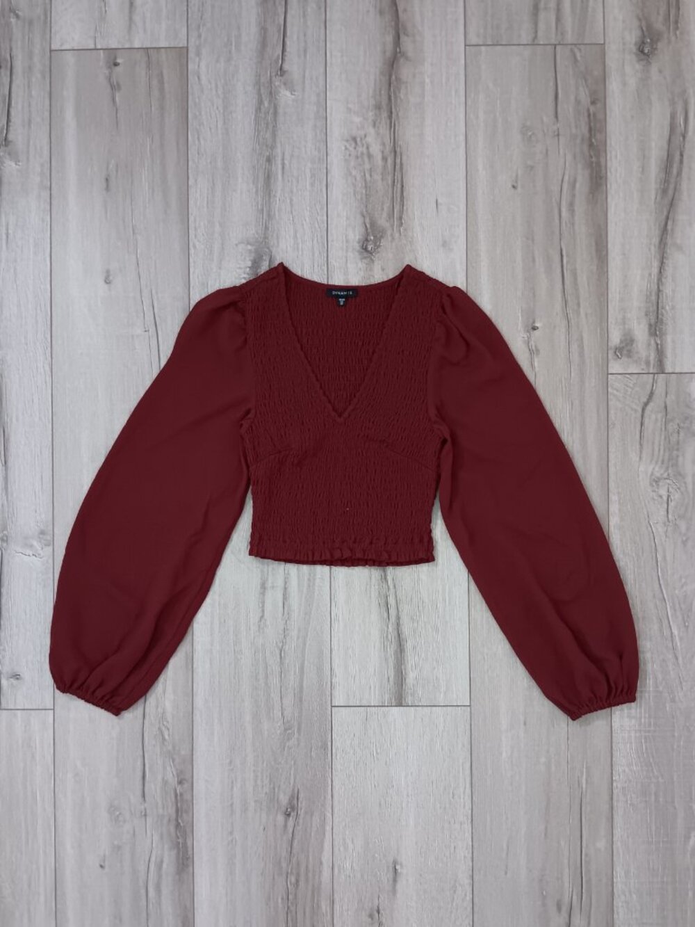 Dynamite Women XS Smocked V-Neck Crop Top Long Blouson Sleeve Maroon Burgundy